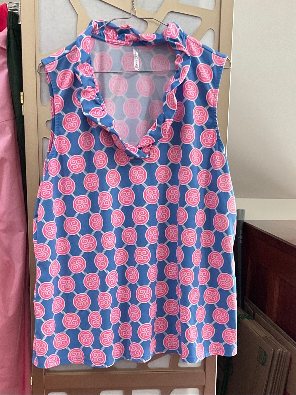 Lulu-B Blue Sleeveless Ruffle Neck Top with Pink Medallion Print